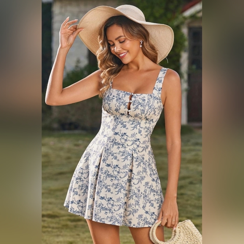 Cottagecore Floral Corset Mini Dress Blue & Cream A-Line Dress - Picture 4 of 5